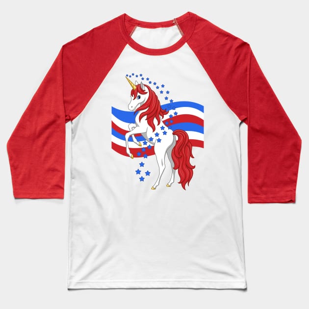 Red White Blue Patriotic American Unicorn Baseball T-Shirt by csforest